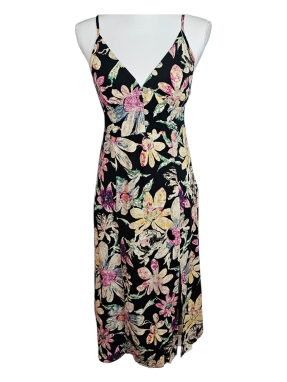 Urban‎ Outfitters Rooftop Slit Midi Dress Black Multi-Color Floral 90s Y2K Sz M